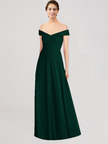 Evergreen Trapèze Épaule Dénudée Col V Mousseline Longue Robes demoiselle d'honneur Pas Cher