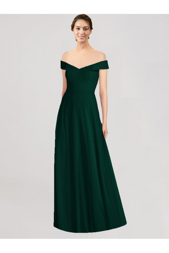 Evergreen Trapèze Épaule Dénudée Col V Mousseline Longue Robes demoiselle d'honneur Pas Cher