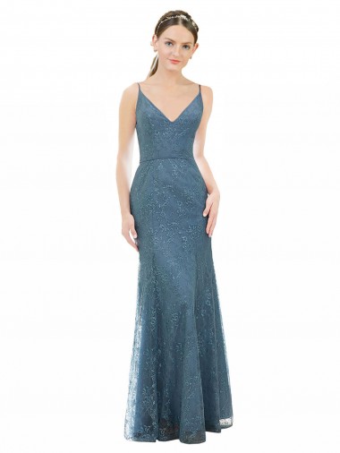 Fourreau Bretelles spaghetti Col V Dentelle Longue Robes demoiselle d'honneur Pas Cher