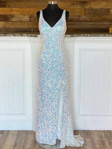 Fourreau Col V Balayage train Paillettes Velours Longue Robes de bal Pas Cher