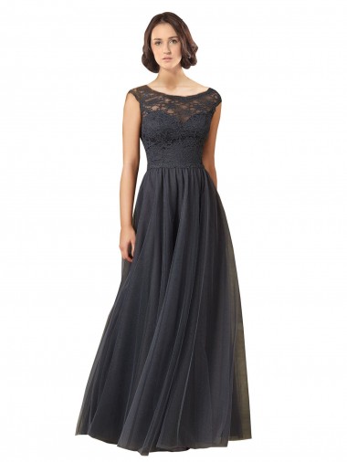 Gris ardoise Trapèze Bateau Tulle Dentelle Longue Robes demoiselle d'honneur Pas Cher