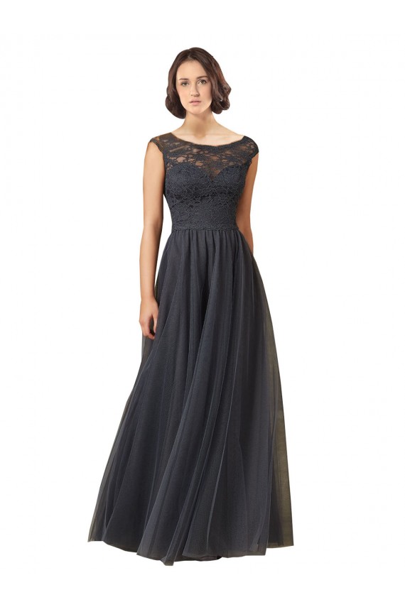 Gris ardoise Trapèze Bateau Tulle Dentelle Longue Robes demoiselle d'honneur Pas Cher
