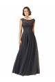Gris ardoise Trapèze Bateau Tulle Dentelle Longue Robes demoiselle d'honneur Pas Cher