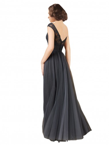 Gris ardoise Trapèze Bateau Tulle Dentelle Longue Robes demoiselle d'honneur