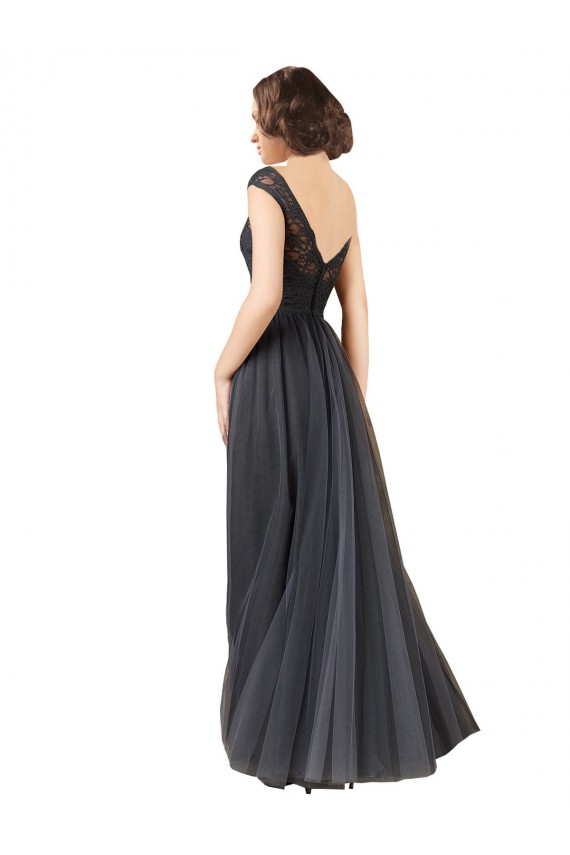 Gris ardoise Trapèze Bateau Tulle Dentelle Longue Robes demoiselle d'honneur Pas Cher