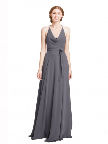 Gris ardoise Trapèze Bretelles spaghetti Mousseline Longue Robes demoiselle d'honneur Pas Cher
