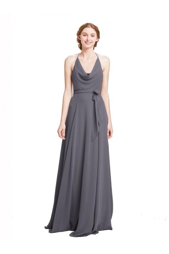Gris ardoise Trapèze Bretelles spaghetti Mousseline Longue Robes demoiselle d'honneur Pas Cher