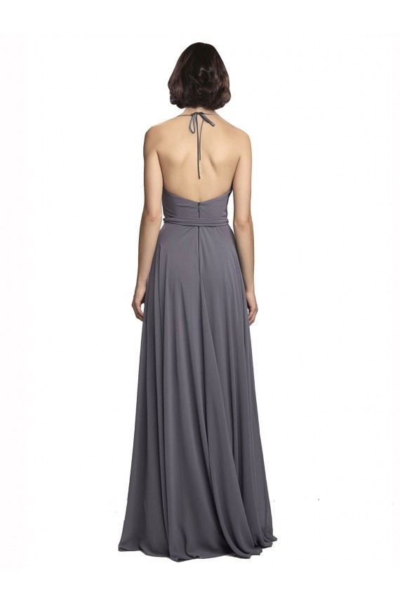 Gris ardoise Trapèze Bretelles spaghetti Mousseline Longue Robes demoiselle d'honneur Pas Cher