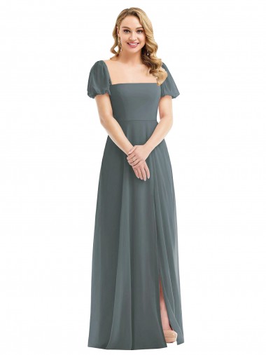 Gris ardoise Trapèze Col Carré Mousseline Longue Robes demoiselle d'honneur Pas Cher