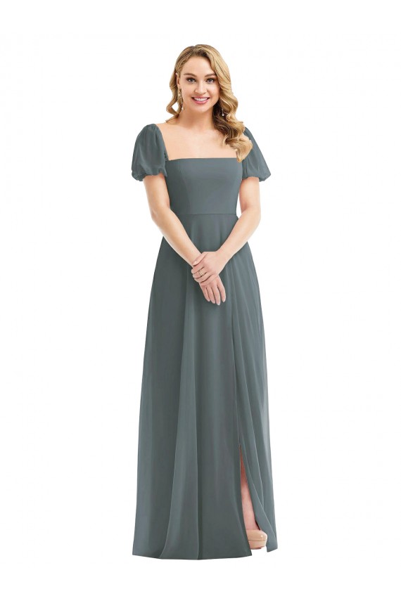 Gris ardoise Trapèze Col Carré Mousseline Longue Robes demoiselle d'honneur Pas Cher
