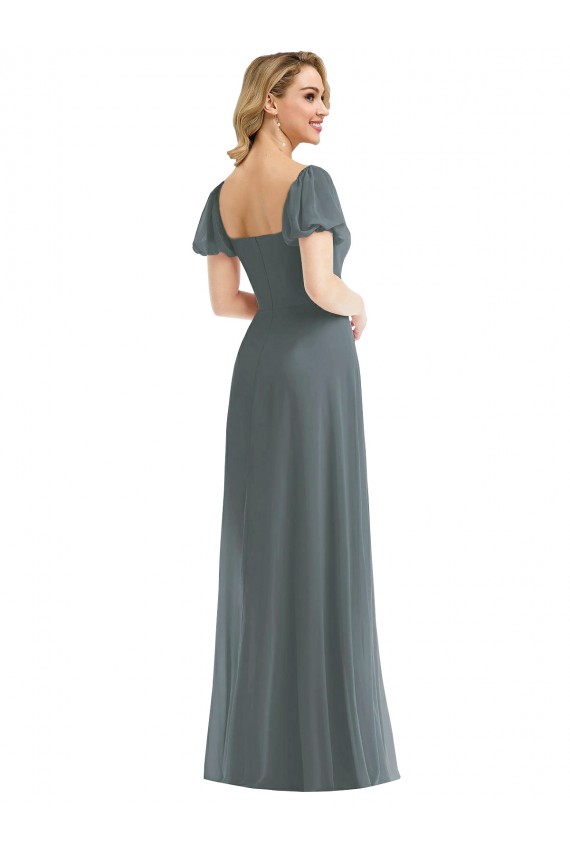 Gris ardoise Trapèze Col Carré Mousseline Longue Robes demoiselle d'honneur Pas Cher