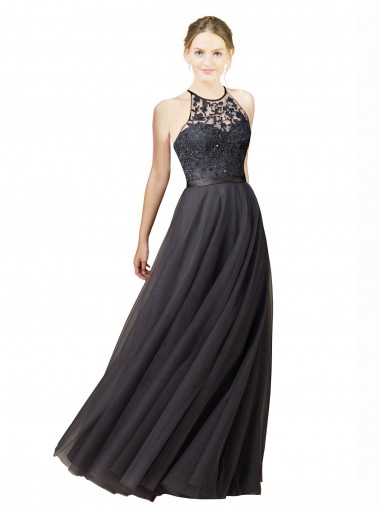 Gris ardoise Trapèze Tulle Dentelle Longue Robes demoiselle d'honneur Pas Cher