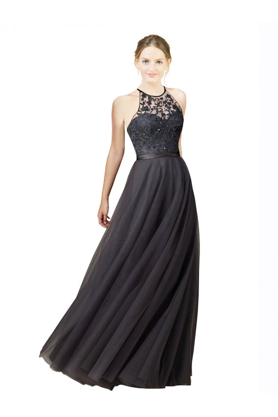 Gris ardoise Trapèze Tulle Dentelle Longue Robes demoiselle d'honneur Pas Cher