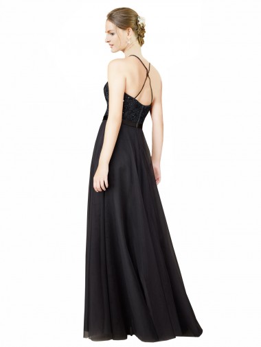 Gris ardoise Trapèze Tulle Dentelle Longue Robes demoiselle d'honneur