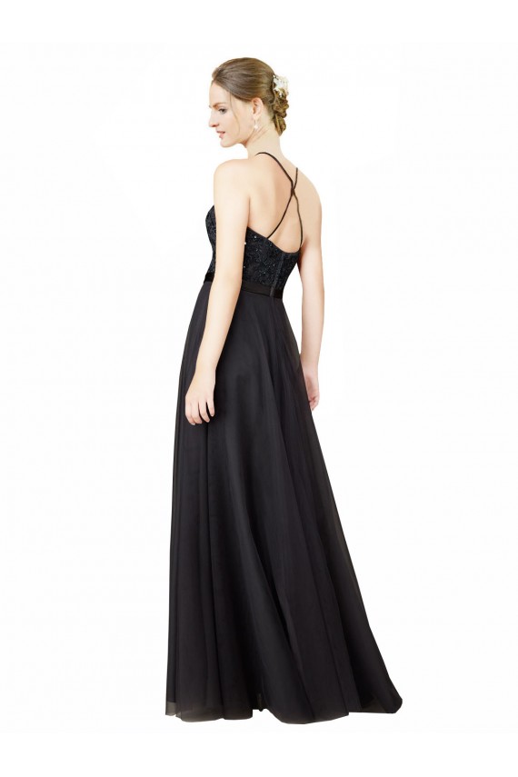 Gris ardoise Trapèze Tulle Dentelle Longue Robes demoiselle d'honneur Pas Cher