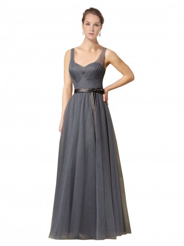 Gris ardoise Trapèze Tulle Longue Robes demoiselle d'honneur Pas Cher