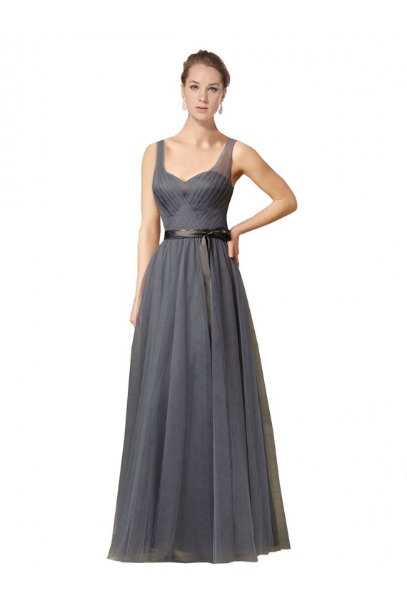 Gris ardoise Trapèze Tulle Longue Robes demoiselle d'honneur Pas Cher