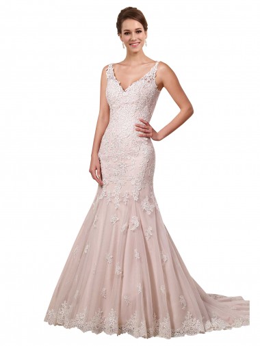 Ivoire & Blush Sirène Col V Tulle Dentelle Robes de mariée Pas Cher