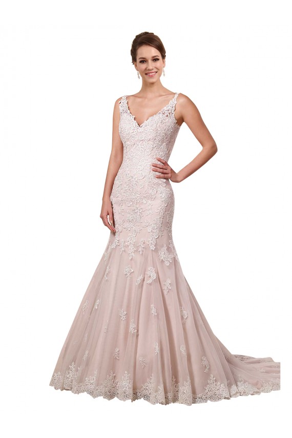 Ivoire & Blush Sirène Col V Tulle Dentelle Robes de mariée Pas Cher