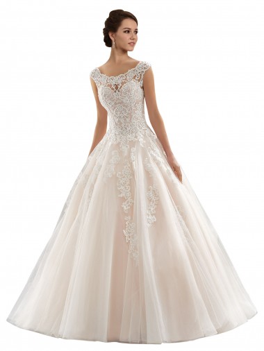 Ivoire & Champagne Princesse Bateau Tulle Dentelle Robes de mariée Pas Cher