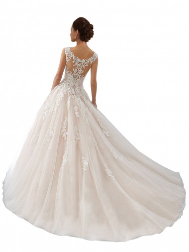 Ivoire & Champagne Princesse Bateau Tulle Dentelle Robes de mariée