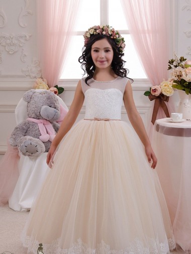 Ivoire & Champagne Princesse Tulle Dentelle Longue Robes de demoiselle d'honneur - fillette Pas Cher