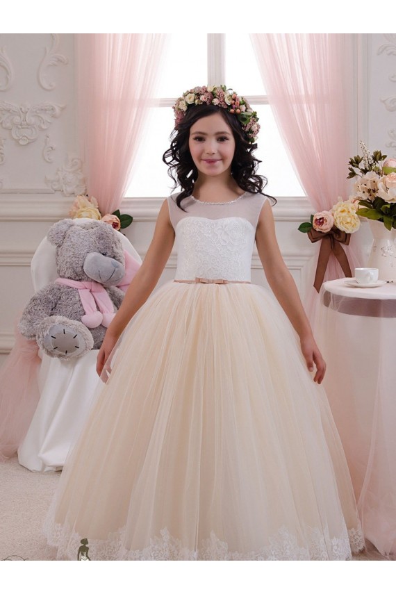 Ivoire & Champagne Princesse Tulle Dentelle Longue Robes de demoiselle d'honneur - fillette Pas Cher