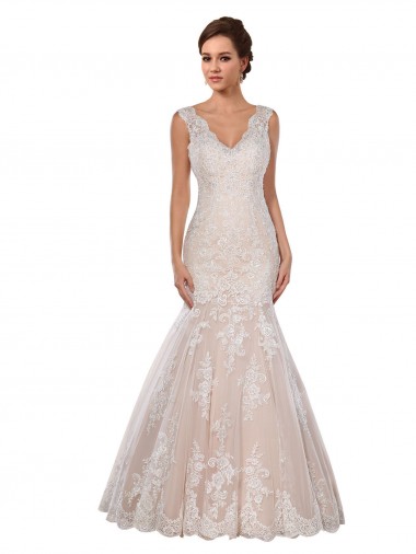 Ivoire & Champagne Sirène Col V Dentelle Classique Robes de mariée Pas Cher