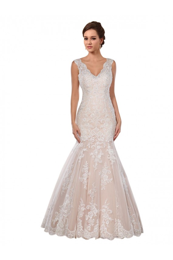 Ivoire & Champagne Sirène Col V Dentelle Classique Robes de mariée Pas Cher