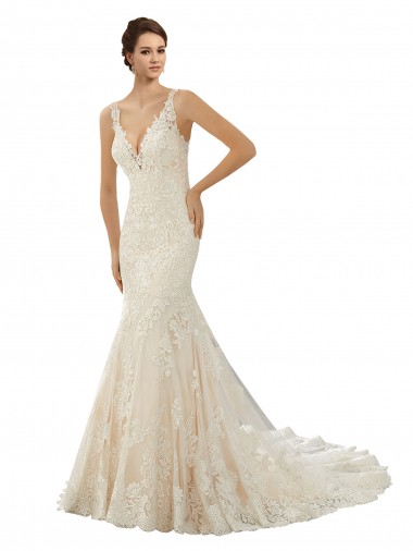 Ivoire & Champagne Sirène Col V Dentelle Robes de mariée Pas Cher