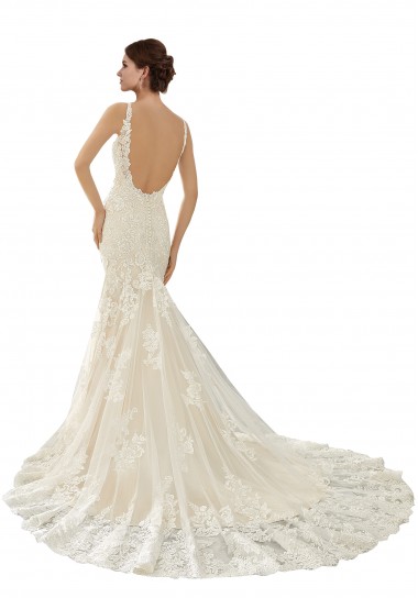 Ivoire & Champagne Sirène Col V Dentelle Robes de mariée