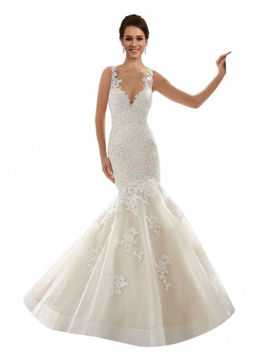 Ivoire & Champagne Sirène Col V Tulle Dentelle Classique Robes de mariée Pas Cher