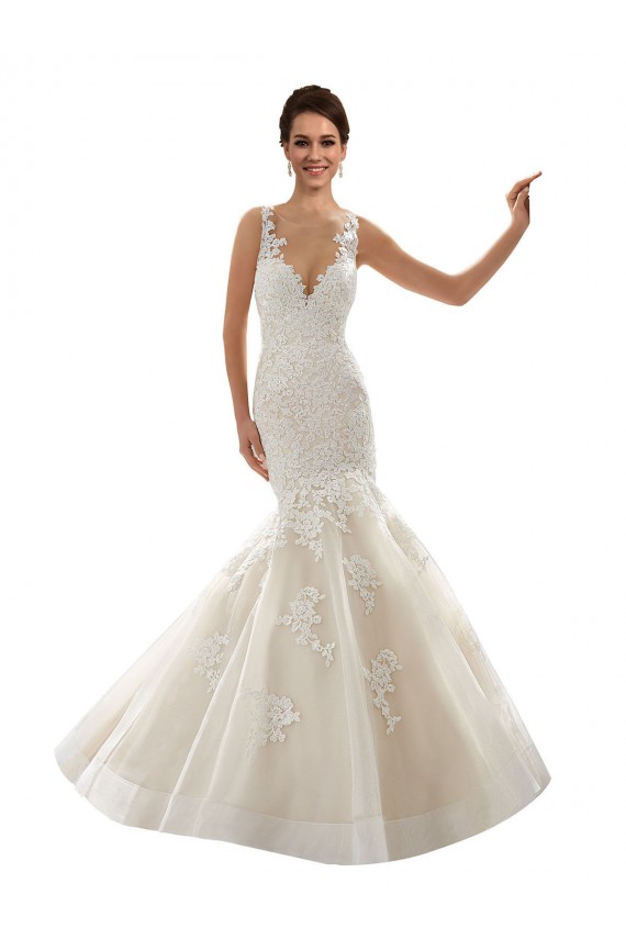Ivoire & Champagne Sirène Col V Tulle Dentelle Classique Robes de mariée Pas Cher
