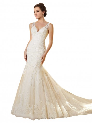 Ivoire & Champagne Sirène Col V Tulle Dentelle Robes de mariée Pas Cher