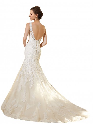 Ivoire & Champagne Sirène Col V Tulle Dentelle Robes de mariée