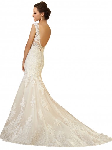 Ivoire & Champagne Sirène Col V Tulle Dentelle Robes de mariée