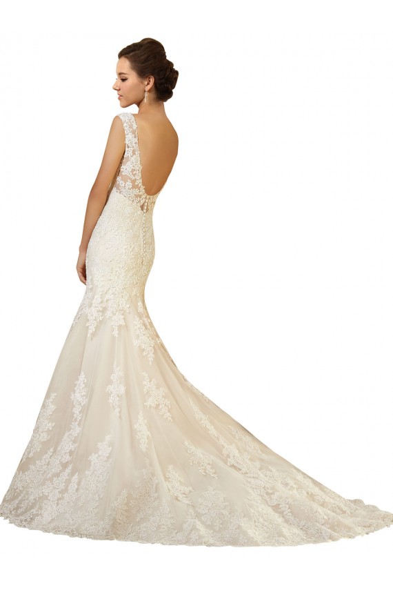Ivoire & Champagne Sirène Col V Tulle Dentelle Robes de mariée Pas Cher