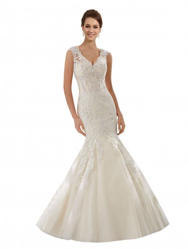 Ivoire & Champagne Sirène Col V Tulle Dentelle Robes de mariée Pas Cher