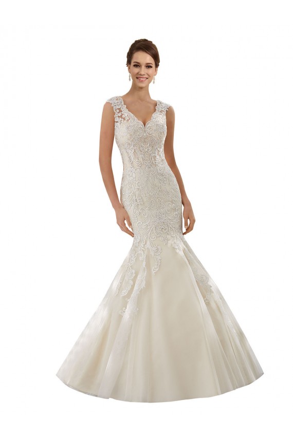 Ivoire & Champagne Sirène Col V Tulle Dentelle Robes de mariée Pas Cher