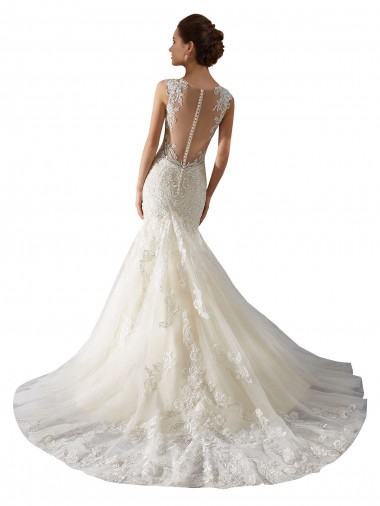 Ivoire & Champagne Sirène Col V Tulle Dentelle Robes de mariée