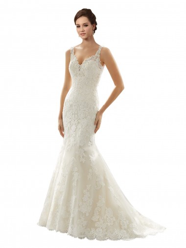 Ivoire & Champagne Sirène Col V Tulle Dentelle Robes de mariée Pas Cher
