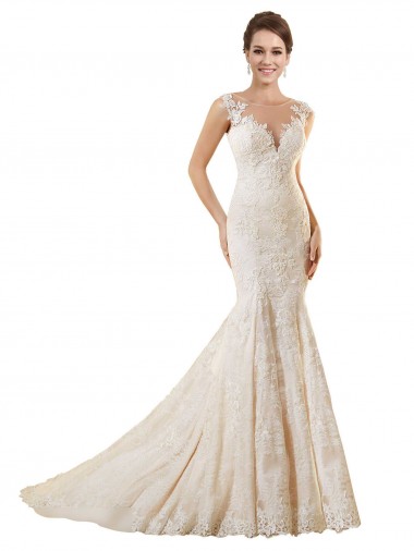 Ivoire & Champagne Sirène Illusion Dentelle Robes de mariée Pas Cher