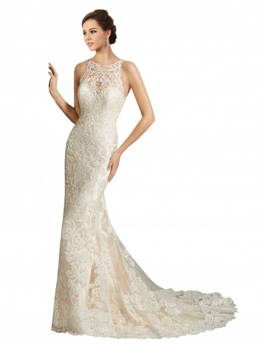 Ivoire & Champagne Sirène Illusion Tulle Dentelle Classique Robes de mariée Pas Cher
