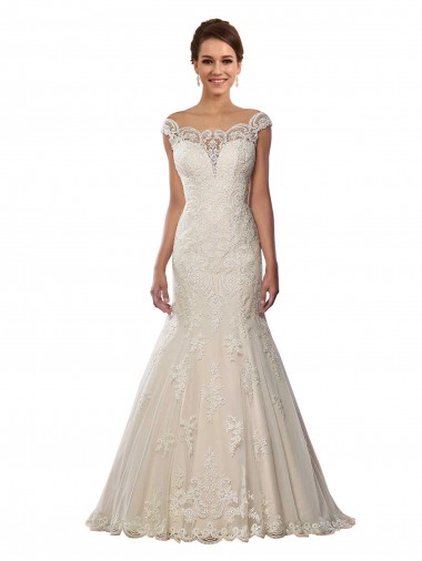 Ivoire & Champagne Sirène Épaule Dénudée Dentelle Boho Robes de mariée Pas Cher