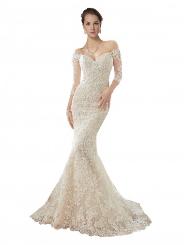 Ivoire & Champagne Sirène Épaule Dénudée Tulle Dentelle Robes de mariée Pas Cher