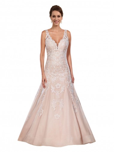 Ivoire & Champagne Trapèze Col V Dentelle Classique Robes de mariée Pas Cher
