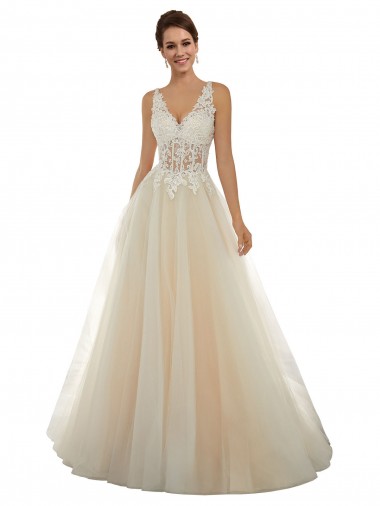 Ivoire & Champagne Trapèze Col V Tulle Dentelle Classique Robes de mariée Pas Cher
