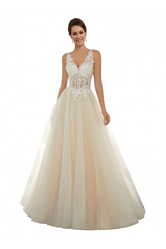 Ivoire & Champagne Trapèze Col V Tulle Dentelle Classique Robes de mariée Pas Cher
