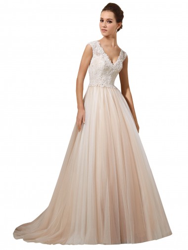 Ivoire & Champagne Trapèze Col V Tulle Dentelle Robes de mariée Pas Cher