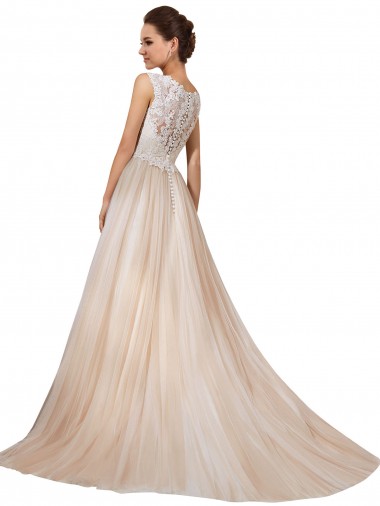 Ivoire & Champagne Trapèze Col V Tulle Dentelle Robes de mariée